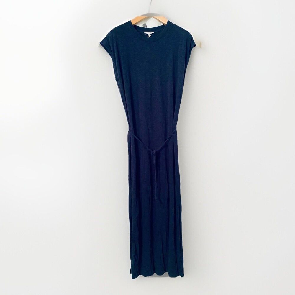 NWT Splendid Crew Neck Tshirt Tie Waist Soft Cotton Maxi Dress Navy Size M $138